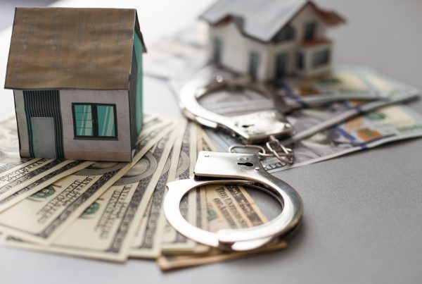 Handcuffs resting on money next to a small wooden house